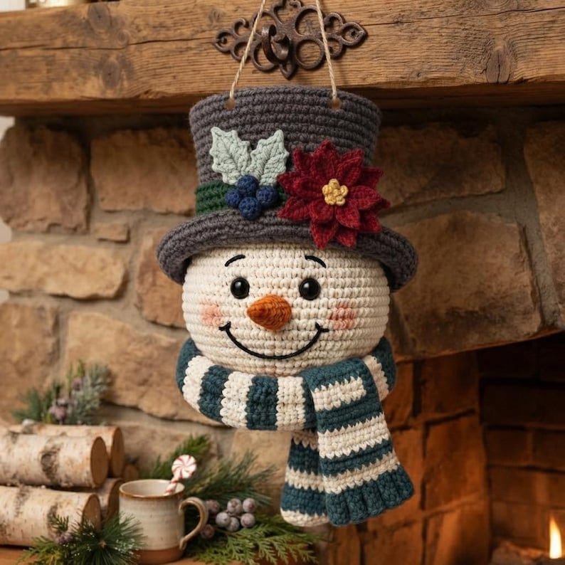Pu&ograve; includere: Un ornamento a forma di pupazzo di neve all'uncinetto con un cappello a cilindro grigio scuro decorato con una stella di Natale rossa, foglie verdi e bacche blu. Il pupazzo ha la testa bianca, un naso arancione e una sciarpa a righe.