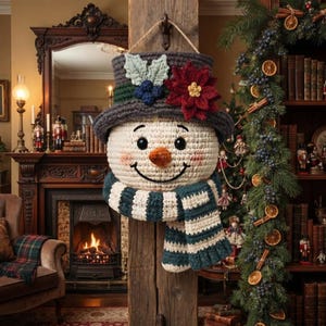 Pu&ograve; includere: Una decorazione da parete all'uncinetto a forma di pupazzo di neve con un cilindro grigio scuro decorato con una stella di Natale rossa, foglie verdi e bacche blu. Il pupazzo ha un viso color crema, occhi neri, naso arancione e una sciarpa a righe.