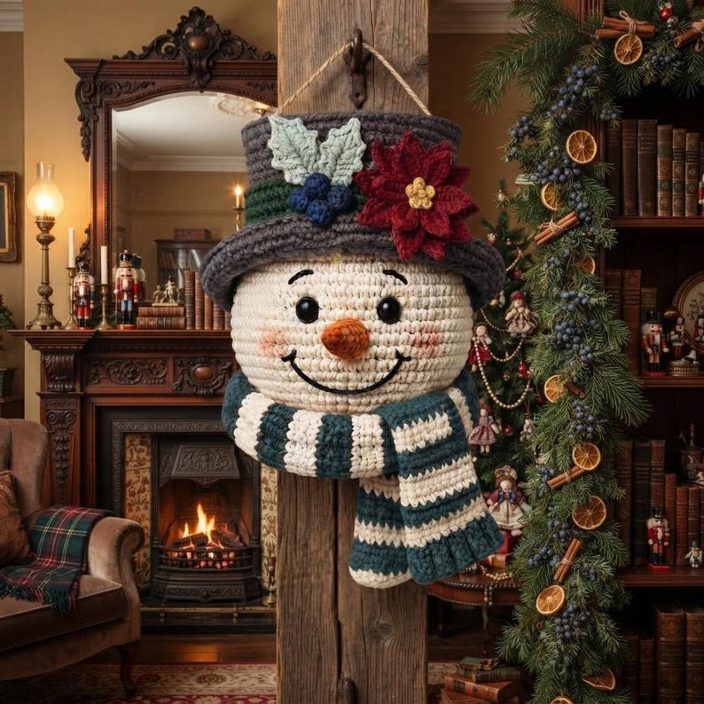 Pu&ograve; includere: Una decorazione da parete all'uncinetto a forma di pupazzo di neve con un cilindro grigio scuro decorato con una stella di Natale rossa, foglie verdi e bacche blu. Il pupazzo ha un viso color crema, occhi neri, naso arancione e una sciarpa a righe.