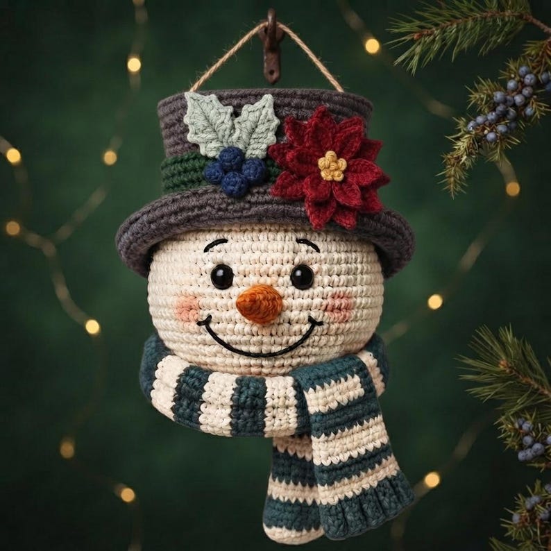 Pu&ograve; includere: Un ornamento a forma di pupazzo di neve all'uncinetto con un cilindro grigio scuro decorato con una stella di Natale rossa, foglie verdi e bacche blu. Il pupazzo ha una testa color crema, un naso a carota arancione e una sciarpa a righe verdi.