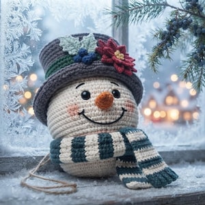 Pu&ograve; includere: Un ornamento a forma di pupazzo di neve all'uncinetto con corpo color crema, un cilindro grigio scuro decorato con una stella di Natale rossa e foglie di agrifoglio verdi, e una sciarpa a righe verde scuro e crema.