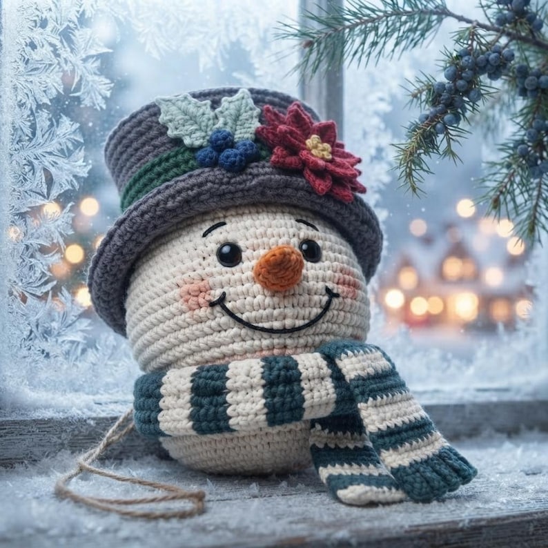 Pu&ograve; includere: Un ornamento a forma di pupazzo di neve all'uncinetto con corpo color crema, un cilindro grigio scuro decorato con una stella di Natale rossa e foglie di agrifoglio verdi, e una sciarpa a righe verde scuro e crema.