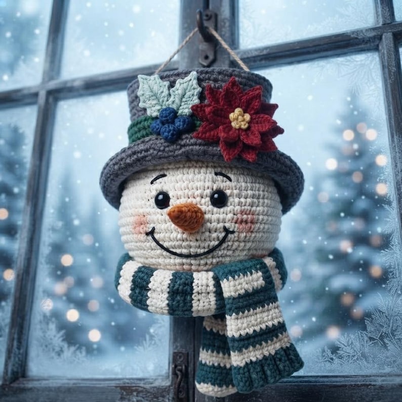 Pu&ograve; includere: Un ornamento a forma di pupazzo di neve all'uncinetto con un cilindro grigio scuro decorato con una stella di Natale rossa, bacche blu e foglie verde chiaro. Il pupazzo ha una testa color crema, un naso a carota arancione e una sciarpa a righe.