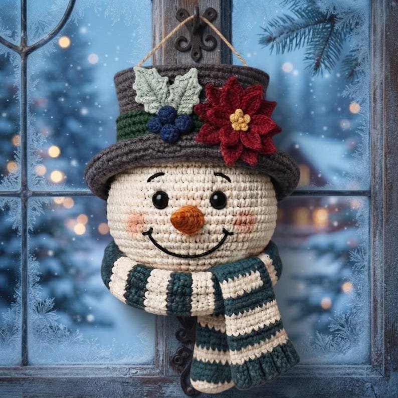 Pu&ograve; includere: Una decorazione da parete all'uncinetto a forma di pupazzo di neve con testa color crema, cilindro grigio scuro decorato con una stella di Natale rossa, foglie verdi e bacche blu, e una sciarpa a righe verde scuro e crema con occhi neri.