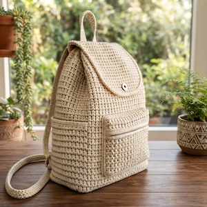 May include: A beige crochet backpack featuring a structured top flap with a single silver-toned metal snap closure, a front exterior pocket, and two adjustable shoulder straps. The bag is crafted from a thick, textured cord in a neutral cream color.
