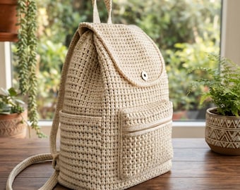Cream Crochet Backpack: Handmade T-Shirt Yarn Rucksack