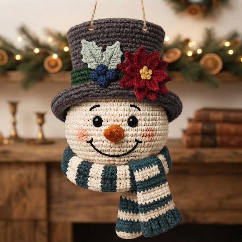 Pu&ograve; includere: Un ornamento a forma di pupazzo di neve all'uncinetto con un cilindro grigio scuro decorato con una stella di Natale rossa, foglie verdi e bacche blu. Il pupazzo ha una testa color crema, un naso a carota arancione e una sciarpa a righe.