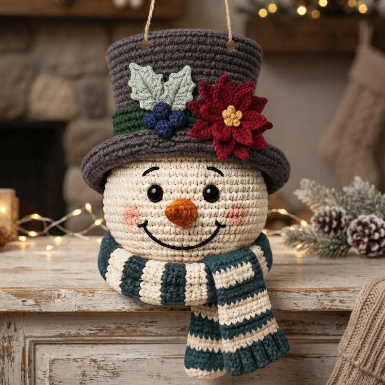 Pu&ograve; includere: Un ornamento a forma di pupazzo di neve all'uncinetto con un cilindro grigio scuro decorato con una stella di Natale rossa, foglie verdi e bacche blu. Il pupazzo ha una testa color crema, un naso a carota arancione e una sciarpa a righe.