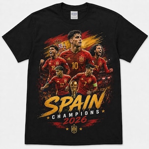 Spaans voetbalkampioen 2026 shirt, T-shirt met afbeelding van een Spaanse voetballer
