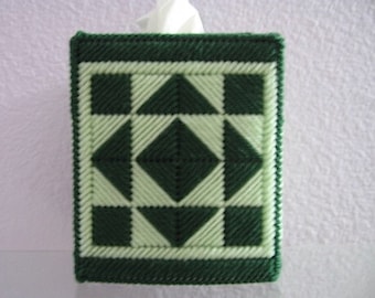 Handmade Needlepoint Tissue Box Cover: Green Geometric Design