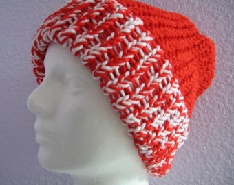 Beanie Bright Orange and White Knitted Ribbed Hat with Double Thick Brim