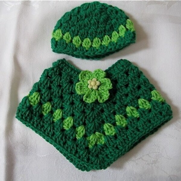 American Girl Crocheted Flowered Poncho and Hat Green