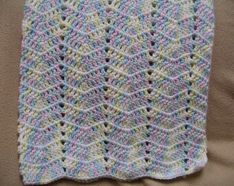 Baby Ripple Blanket - White, yellow, pink and blue - Hand Crocheted Baby Afghan