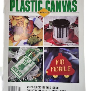 May include: Plastic Canvas Corner magazine cover from March 1995 featuring 23 craft projects. The cover shows four plastic canvas projects: a dinosaur clip, a mug with a piano design, a "Top o' the Mornin'" bag, and a "Kid Mobile" car.
