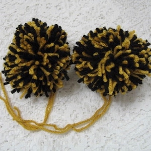 Gold and Black Yarn Pom Poms Handmade - Set of 2 Large Hat Pom Poms Package Ties