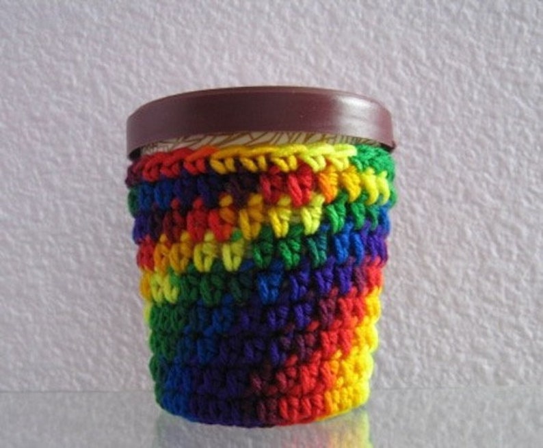 Ice Cream Cozy Pint Cover Crocheted Rainbow Coaster image 1