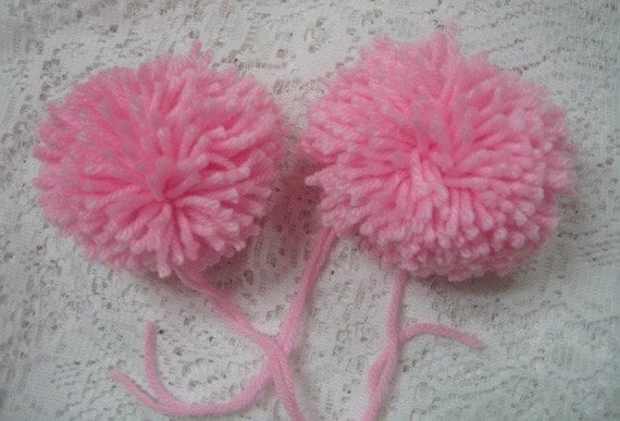 Pink Yarn Pom Poms Handmade Set of 2 Large Package Ties Hat Pom