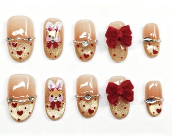 Hand-drawn Rabbit Nail Art, 3D Velvet Bowknot Shimmer Powder False Nails