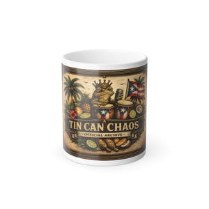 May include: A white ceramic mug featuring a graphic of a frog wearing a crown, playing drums, and holding a drink. The design includes palm trees, a Puerto Rican flag, limes, and the text TIN CAN CHAOS OFFICIAL ARCHIVE in a vintage style.