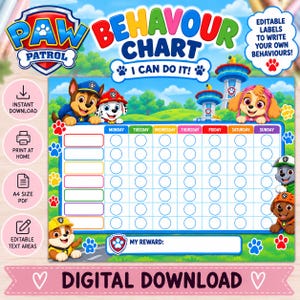 Paw Patrol beteendeschema | Redigerbar belöningsspårare för barn (digital nedladdning i A4-format)