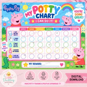 Puede incluir: Una tabla de entrenamiento para ir al baño con temática de Peppa Pig, fondo azul, arcoíris y sol. La tabla incluye filas para tareas diarias como sentarse en el orinal y lavarse las manos, con círculos vacíos para seguir el progreso.