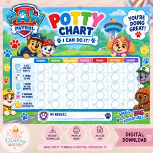 May include: A Paw Patrol themed potty training chart featuring colourful cartoon characters, a weekly grid for tracking progress, and text including 'Potty Chart', 'I Can Do It!', 'You're Doing Great!', and 'Small Steps Big Adventures'.