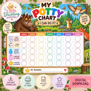 May include: A colorful potty training chart titled My Potty Chart I Can Do It featuring a brown monster, owl, mouse, fox, and snake in a forest setting. The grid includes days of the week and icons for tasks like sitting on the potty and washing hands.