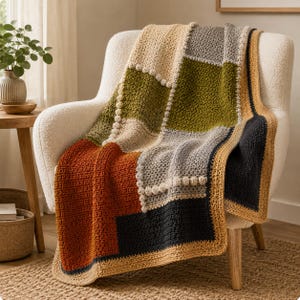 May include: A crochet blanket featuring a patchwork design of rectangular blocks in shades of rust orange, olive green, light gray, cream, and charcoal. The blanket includes raised bobble stitch accents along the seams and a solid mustard yellow border.