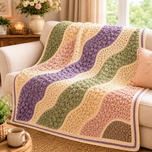 Pastel Ripple Bobble Crochet Blanket Pattern PDF, Cozy Sofa Throw Afghan (Instant Download)