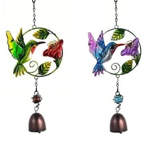 Hummingbird and Honeysuckle Flower Wind Chime Bell / Metal & Glass Humming Bird Windchimes / Hanging Ornament Home Floral Garden Decor Gift