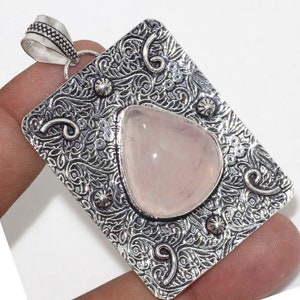 Genuine Rose Quartz Necklace Pendant with Spiral Accents, Sterling Silver Plated, Natural Rose Quartz Crystal Healing Gemstone Jewelry Gift