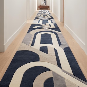 Navy Blue Ivory Runner Rug, Hand Tufted Wool Rug, Modern Geometric Hallway Carpet, Abstract Kitchen Runner, Luxury Long Area Rug 2.6x30 3x20