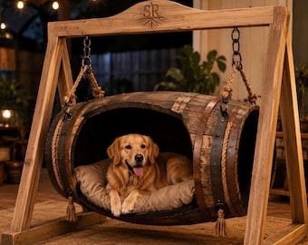 Reclaimed Whiskey Barrel Dog Bed Swing | Rustic Wooden Pet Hammock Furniture