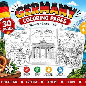 May include: A digital collection of 30 Germany coloring pages in PDF format, featuring line art of Neuschwanstein Castle, the Brandenburg Gate, and the German Alps, decorated with a German flag, a green hat, a pretzel, and edelweiss flowers.