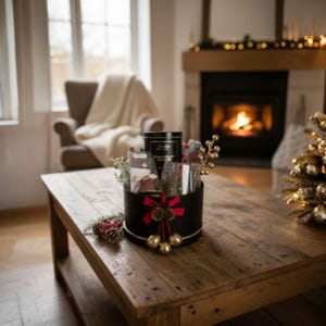 Könnte beinhalten: Eine schwarze zylindrische Geschenkbox, verziert mit rotem Band, Tannenzapfen und goldenen Ornamenten. Darin befinden sich eine schwarze Dose mit der Aufschrift Chocolat Chaud, ein Klarglas und eine kleine Schokolade in Rentierform mit Grün.