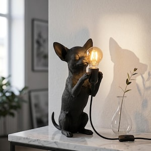 Chihuahua-bordslampa, mattsvart hundnattlampa, 3D-utskriven chihuahualampa, sänglampa, present till hundälskare, heminredning