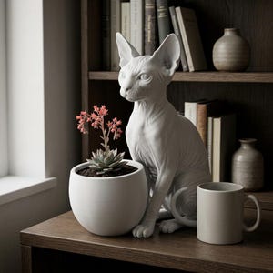 Pode incluir: Uma estatueta de gato Sphynx em cerâmica branca está sentada ao lado de um vaso redondo branco contendo uma suculenta verde com pequenas flores cor-de-rosa. Uma caneca de cerâmica branca lisa está posicionada à direita da estatueta.