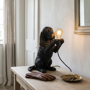 Può includere: Una lampada a forma di cane di colore marrone scuro con texture ruvida, in posizione seduta, che tiene una lampadina accesa in stile Edison tra le zampe anteriori. La lampada presenta un cavo di alimentazione nero che scende dal portalampada.