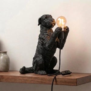 Può includere: Una lampada da tavolo a forma di cane nero con una finitura in pelliccia testurizzata e realistica. Il cane è raffigurato in posizione seduta, mentre tiene una lampadina in vetro trasparente in stile Edison tra le zampe anteriori.