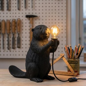 Biber-Tischlampe, mattschwarzes Tier-Nachtlicht, 3D-gedruckte Biberlampe, Nachttischlampe, Geschenk für Tierliebhaber, Edison-Wohnaccessoire