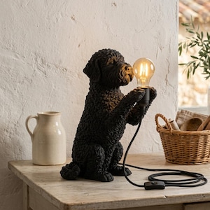 Op de afbeelding: Een donkerbruine, getextureerde hondfiguur als lamp in een zittende houding. De hond houdt tussen zijn voorpoten een zwarte fitting vast met een brandende, heldere Edison-stijl gloeilamp. Een zwart stroomsnoer met schakelaar is verbonden.