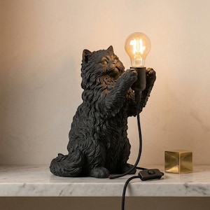 May include: A black cat-shaped table lamp with a textured, fur-like finish. The cat is standing on its hind legs, holding a black socket with a glowing, clear glass light bulb. A black power cord with an inline switch extends from the base.