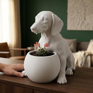 Puede incluir: Una maceta de cerámica blanca mate con forma de perro sentado y orejas caídas. La figura del perro apoya sus patas delanteras en el borde de un cuenco esférico que contiene tierra oscura y una pequeña planta suculenta con flores naranja-rosadas.