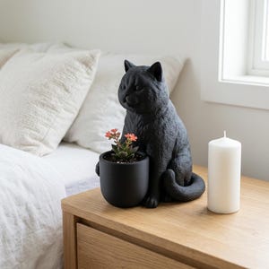 Brittisk korthårskatt, 3D-tryckt suckulentkruka för katt, staty av brittisk katt i svart eller vitt, present till kattälskare