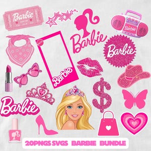 May include: A digital collection of pink Barbie-themed graphics including a ticket, stars, boombox, bandana, sunglasses, lipstick, tiara, doll head, dollar sign, cowboy hat, butterfly, heart, handbag, nail polish, and the Barbie logo text.
