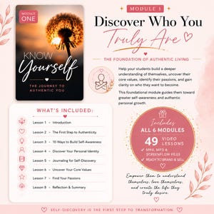 May include: A digital course module titled Module One: Discover Who You Truly Are, featuring a dandelion silhouette at sunset. It includes eight lessons on self-discovery, 49 video lessons in MP4 and MP3 formats, and is ready to brand and sell.