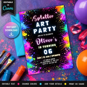 May include: A rectangular party invitation card with a black background featuring vibrant neon paint splatter designs in pink, blue, yellow, and green. The text reads Splatter Art Party, Oliver's is turning 06, Sun 12 Aug, 04:00PM, at Amelia House.