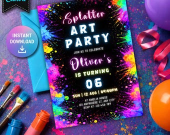 Editable Splatter Art Party Invitation, Neon Paint Splatter Birthday Invite, Colorful Birthday Invite, Canva Template (Digital Download)