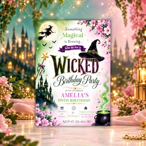 May include: A rectangular birthday party invitation featuring a witch on a broomstick, a black witch hat, a magic wand, a castle, and a bubbling cauldron. The text reads Something Magical is Brewing, WICKED Birthday Party, and AMELIA'S 09TH BIRTHDAY.