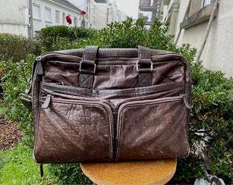 Vintage L'Aiglon Leather Briefcase, Brown Alligator Embossed Satchel, French Work Bag